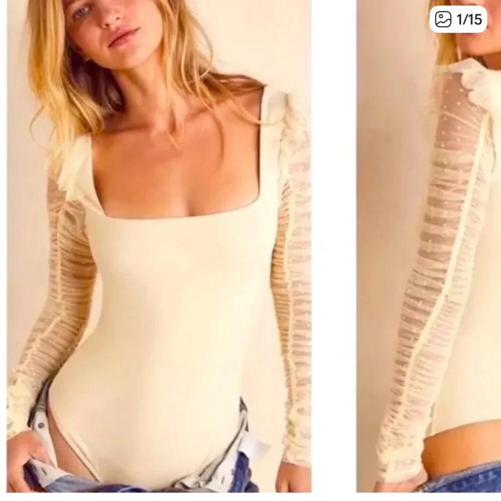 Free People Must Be Love Bodysuit Mesh Ruched Sleeve Square Neck in Ivory L